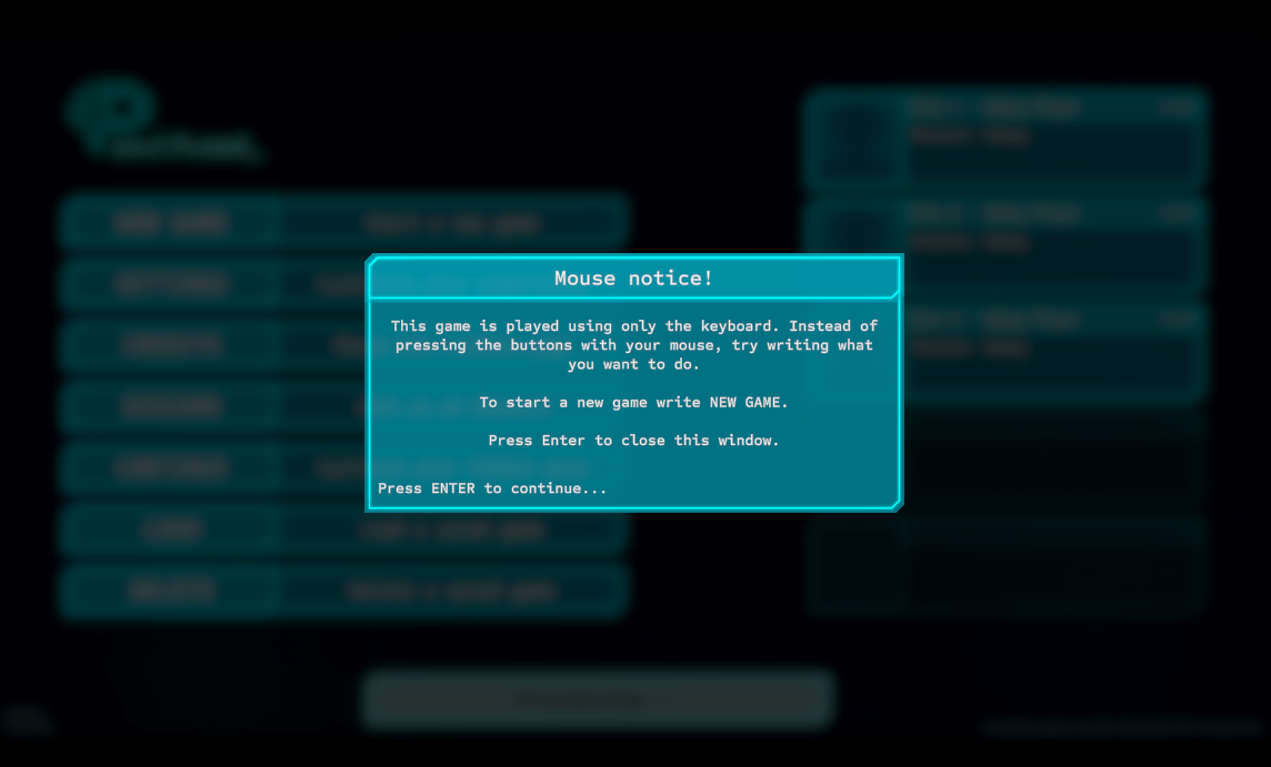 Warning message telling the player not to use the mouse.