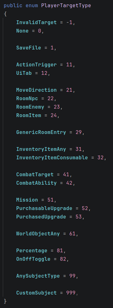 List of player actions.